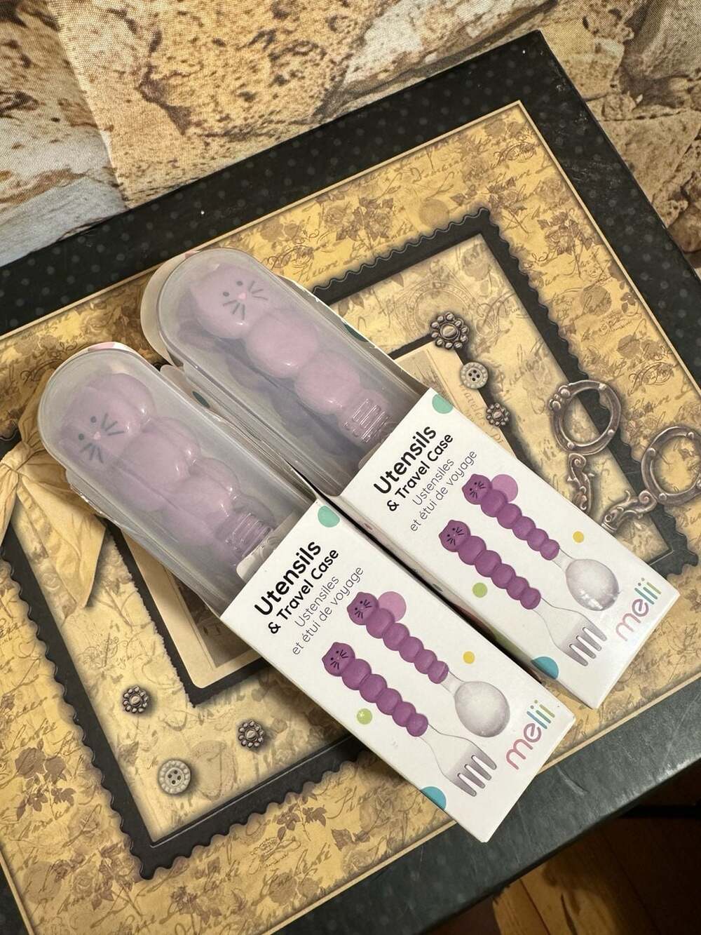 Melii Cat Utensils and Travel Case Purple Fork Spoon Set Lot of 2